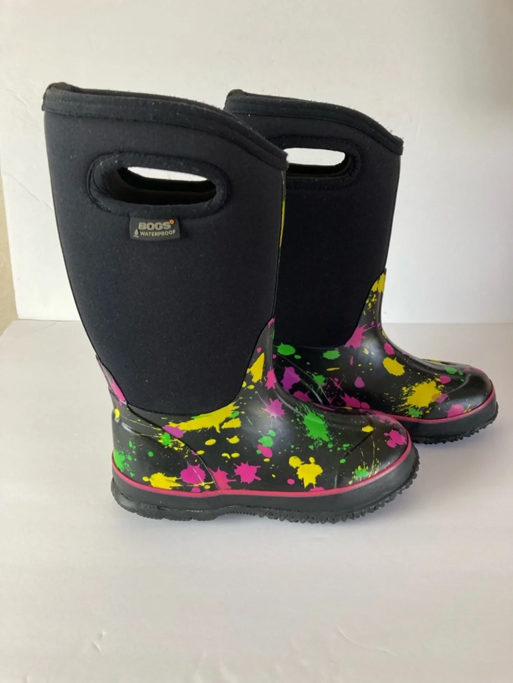 Bogs Waterproof Paint Splat Print Boots Black Purple Girl Size 2